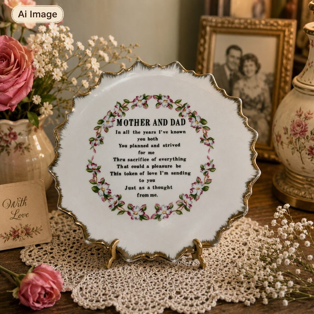 🤱🏻👨🏻‍🍼💐Vintage Mother Dad Poem Plate Floral Gold Trim Sentimental Keepsake